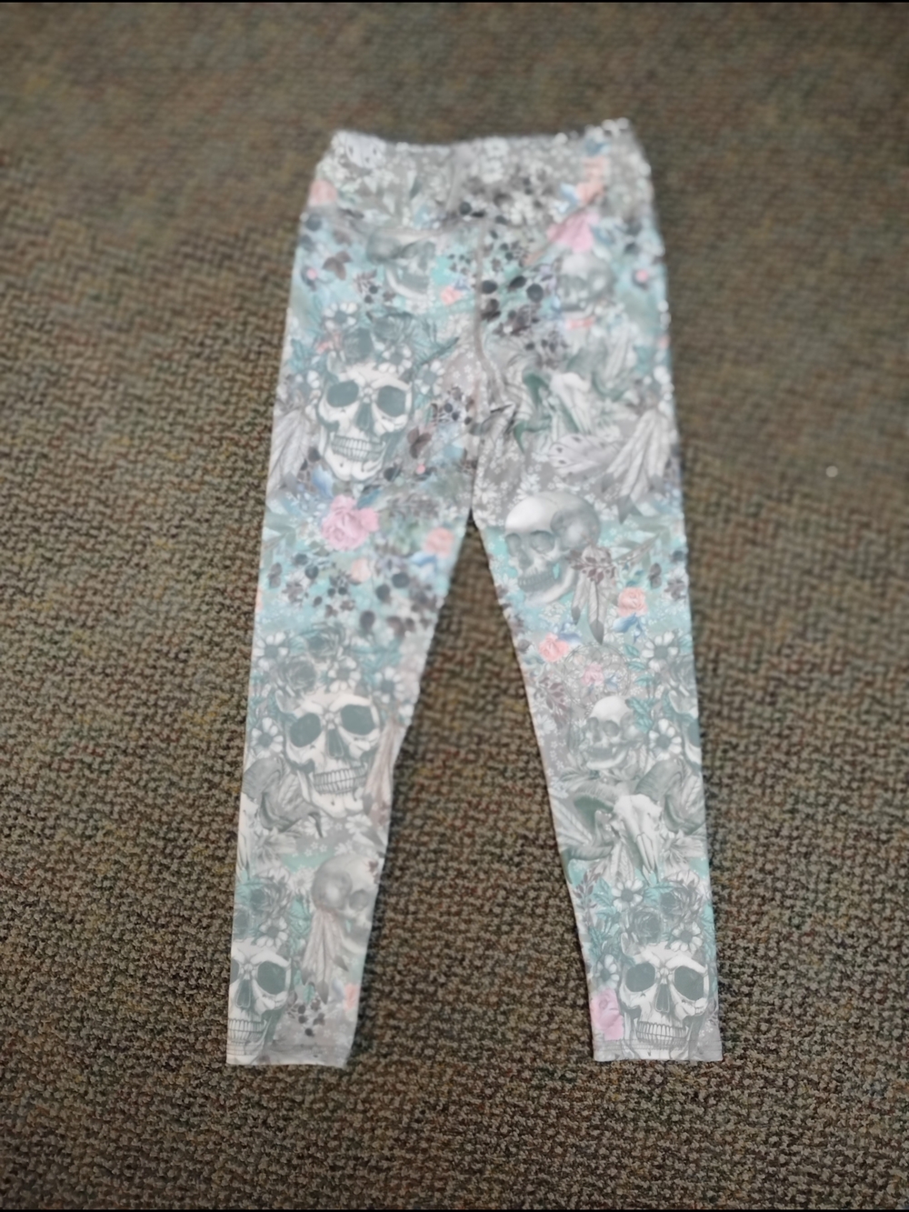 Evolution and Creation Girls' Skull & Floral Print Leggings - Blue, Pink, Gray